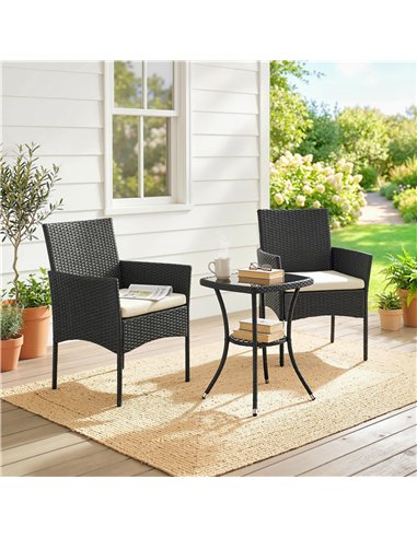 Outsunny 3 Piece Rattan Bistro Set, PE Wicker Garden Furniture Conversation Set with 2 Tier Glass-Top Table, Chairs, Cream White