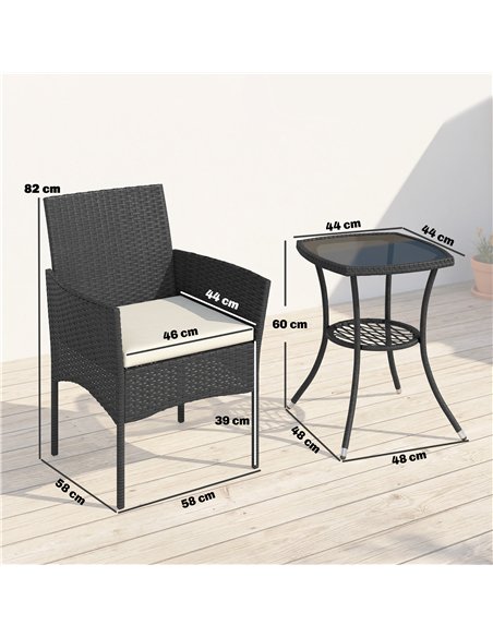 Outsunny 3 Piece Rattan Bistro Set, PE Wicker Garden Furniture Conversation Set with 2 Tier Glass-Top Table, Chairs, Cream White - pic 198684 | FastDaddyshop