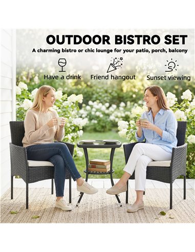 Outsunny 3 Piece Rattan Bistro Set, PE Wicker Garden Furniture Conversation Set with 2 Tier Glass-Top Table, Chairs, Cream White