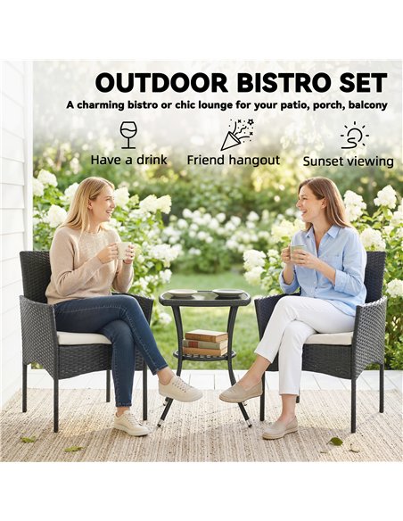 Outsunny 3 Piece Rattan Bistro Set, PE Wicker Garden Furniture Conversation Set with 2 Tier Glass-Top Table, Chairs, Cream White - pic 198685 | FastDaddyshop