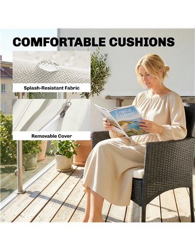 Outsunny 3 Piece Rattan Bistro Set, PE Wicker Garden Furniture Conversation Set with 2 Tier Glass-Top Table, Chairs, Cream White