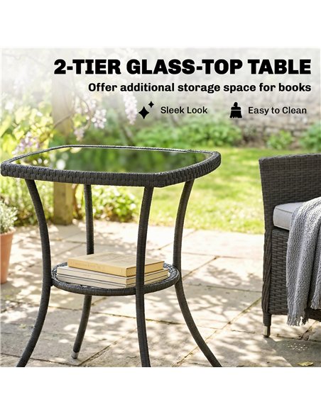 Outsunny 3 Piece Rattan Bistro Set, PE Wicker Garden Furniture Conversation Set with 2 Tier Glass-Top Table, Chairs, Cream White - pic 198687 | FastDaddyshop