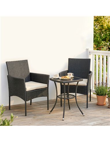 Outsunny 3 Piece Rattan Bistro Set, PE Wicker Garden Furniture Conversation Set with 2 Tier Glass-Top Table, Chairs, Cream White