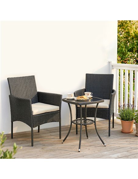 Outsunny 3 Piece Rattan Bistro Set, PE Wicker Garden Furniture Conversation Set with 2 Tier Glass-Top Table, Chairs, Cream White - pic 198689 | FastDaddyshop