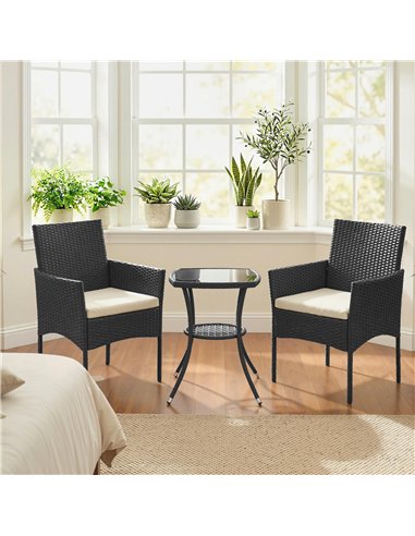 Outsunny 3 Piece Rattan Bistro Set, PE Wicker Garden Furniture Conversation Set with 2 Tier Glass-Top Table, Chairs, Cream White
