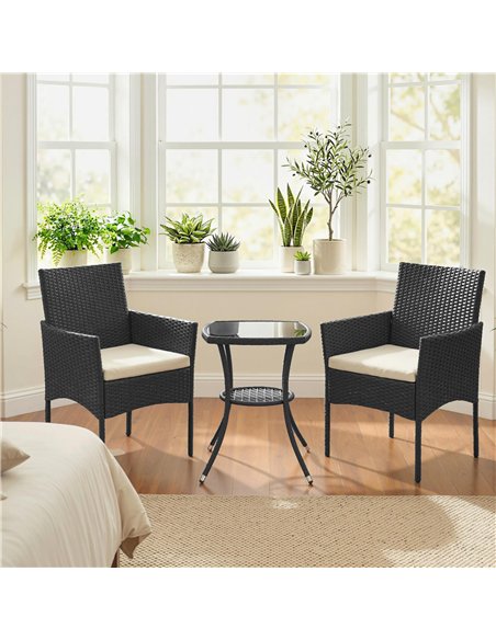 Outsunny 3 Piece Rattan Bistro Set, PE Wicker Garden Furniture Conversation Set with 2 Tier Glass-Top Table, Chairs, Cream White - pic 198690 | FastDaddyshop