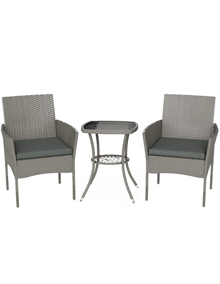 Outsunny 3 Piece Rattan Bistro Set, PE Wicker Garden Furniture Conversation Set with 2 Tier Glass-Top Table, Chairs, Dark Grey - pic 198691 | FastDaddyshop