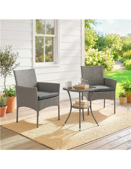 Outsunny 3 Piece Rattan Bistro Set, PE Wicker Garden Furniture Conversation Set with 2 Tier Glass-Top Table, Chairs, Dark Grey - pic 198692 | FastDaddyshop