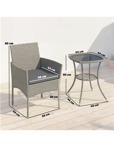 Outsunny 3 Piece Rattan Bistro Set, PE Wicker Garden Furniture Conversation Set with 2 Tier Glass-Top Table, Chairs, Dark Grey