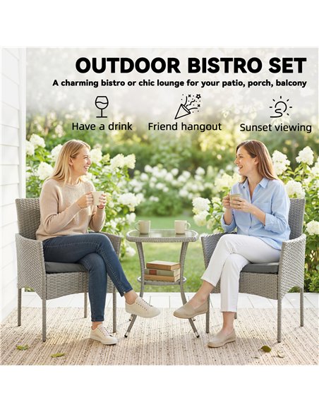 Outsunny 3 Piece Rattan Bistro Set, PE Wicker Garden Furniture Conversation Set with 2 Tier Glass-Top Table, Chairs, Dark Grey - pic 198694 | FastDaddyshop