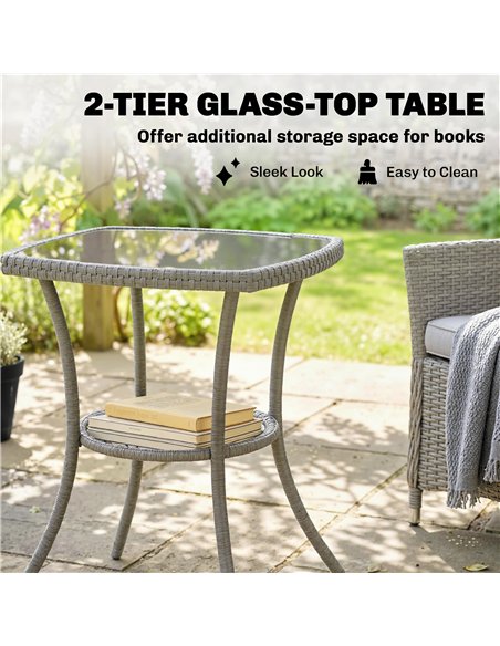 Outsunny 3 Piece Rattan Bistro Set, PE Wicker Garden Furniture Conversation Set with 2 Tier Glass-Top Table, Chairs, Dark Grey - pic 198696 | FastDaddyshop