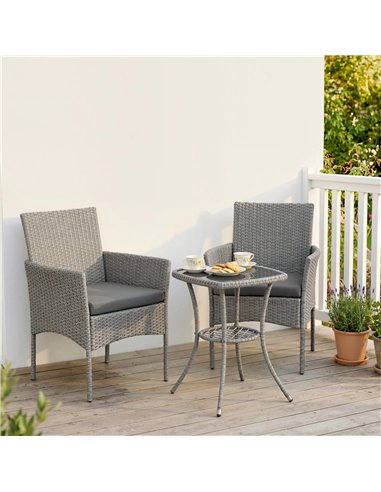 Outsunny 3 Piece Rattan Bistro Set, PE Wicker Garden Furniture Conversation Set with 2 Tier Glass-Top Table, Chairs, Dark Grey