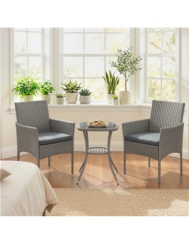 Outsunny 3 Piece Rattan Bistro Set, PE Wicker Garden Furniture Conversation Set with 2 Tier Glass-Top Table, Chairs, Dark Grey