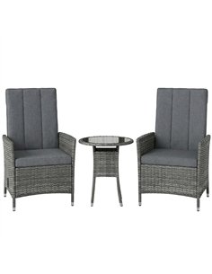 Outsunny Rattan Bistro Set, Reclining Garden Chairs and Glass Coffee Table with Cushions for Patio Balcony Porch, Grey