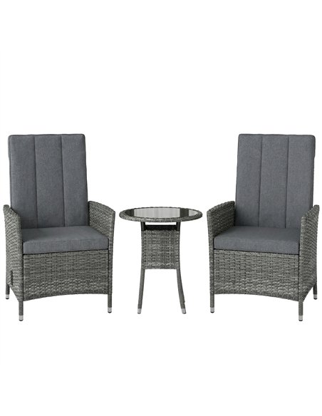Outsunny Rattan Bistro Set, Reclining Garden Chairs and Glass Coffee Table with Cushions for Patio Balcony Porch, Grey - pic 198700 | FastDaddyshop