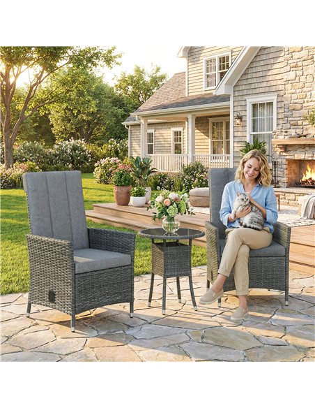 Outsunny Rattan Bistro Set, Reclining Garden Chairs and Glass Coffee Table with Cushions for Patio Balcony Porch, Grey - pic 198701 | FastDaddyshop