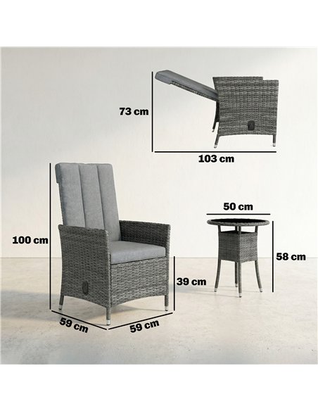 Outsunny Rattan Bistro Set, Reclining Garden Chairs and Glass Coffee Table with Cushions for Patio Balcony Porch, Grey - pic 198702 | FastDaddyshop