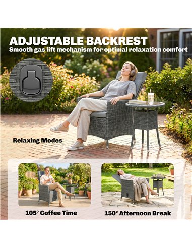 Outsunny Rattan Bistro Set, Reclining Garden Chairs and Glass Coffee Table with Cushions for Patio Balcony Porch, Grey