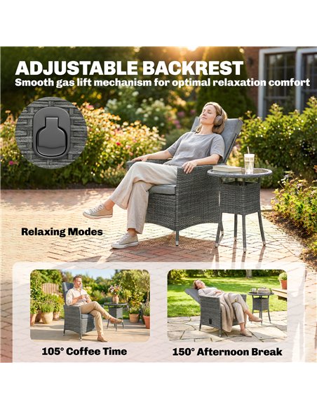 Outsunny Rattan Bistro Set, Reclining Garden Chairs and Glass Coffee Table with Cushions for Patio Balcony Porch, Grey - pic 198703 | FastDaddyshop
