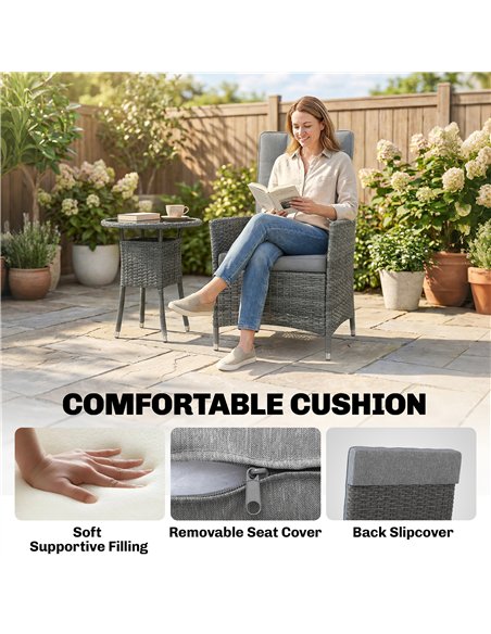 Outsunny Rattan Bistro Set, Reclining Garden Chairs and Glass Coffee Table with Cushions for Patio Balcony Porch, Grey - pic 198705 | FastDaddyshop