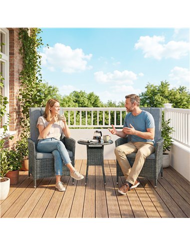 Outsunny Rattan Bistro Set, Reclining Garden Chairs and Glass Coffee Table with Cushions for Patio Balcony Porch, Grey
