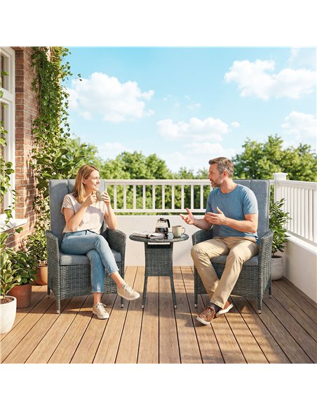Outsunny Rattan Bistro Set, Reclining Garden Chairs and Glass Coffee Table with Cushions for Patio Balcony Porch, Grey - pic 198708 | FastDaddyshop