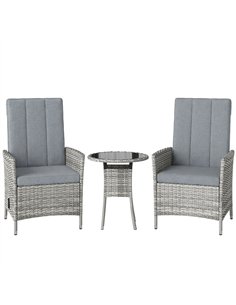 Outsunny Rattan Bistro Set, Reclining Garden Chairs and Glass Coffee Table with Cushions for Patio Balcony Porch, Light Grey