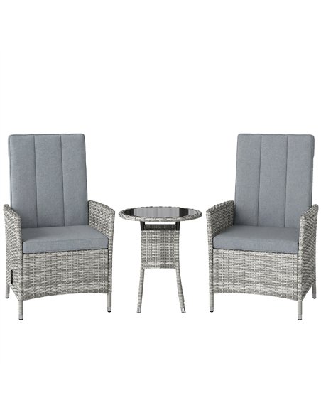 Outsunny Rattan Bistro Set, Reclining Garden Chairs and Glass Coffee Table with Cushions for Patio Balcony Porch, Light Grey - pic 198709 | FastDaddyshop