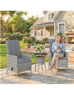 Outsunny Rattan Bistro Set, Reclining Garden Chairs and Glass Coffee Table with Cushions for Patio Balcony Porch, Light Grey 2