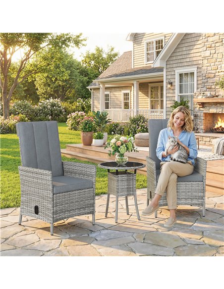 Outsunny Rattan Bistro Set, Reclining Garden Chairs and Glass Coffee Table with Cushions for Patio Balcony Porch, Light Grey - pic 198710 | FastDaddyshop