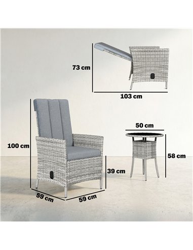 Outsunny Rattan Bistro Set, Reclining Garden Chairs and Glass Coffee Table with Cushions for Patio Balcony Porch, Light Grey
