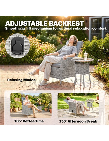 Outsunny Rattan Bistro Set, Reclining Garden Chairs and Glass Coffee Table with Cushions for Patio Balcony Porch, Light Grey - pic 198712 | FastDaddyshop