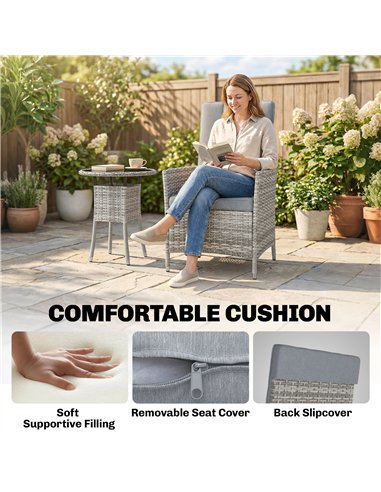 Outsunny Rattan Bistro Set, Reclining Garden Chairs and Glass Coffee Table with Cushions for Patio Balcony Porch, Light Grey