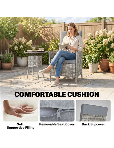 Outsunny Rattan Bistro Set, Reclining Garden Chairs and Glass Coffee Table with Cushions for Patio Balcony Porch, Light Grey - pic 198714 | FastDaddyshop