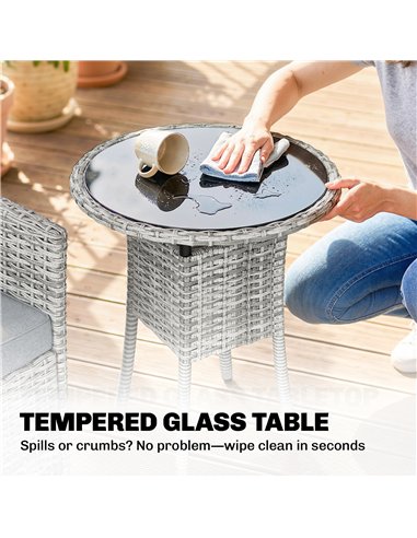 Outsunny Rattan Bistro Set, Reclining Garden Chairs and Glass Coffee Table with Cushions for Patio Balcony Porch, Light Grey