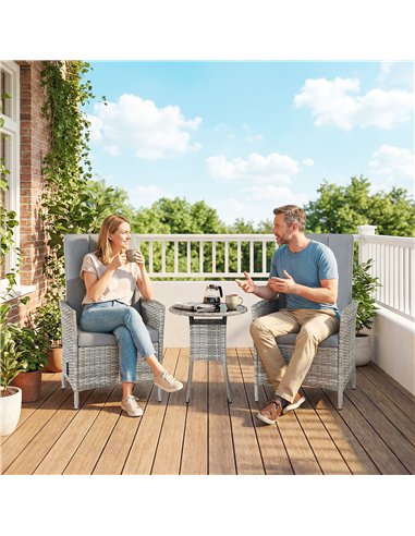 Outsunny Rattan Bistro Set, Reclining Garden Chairs and Glass Coffee Table with Cushions for Patio Balcony Porch, Light Grey