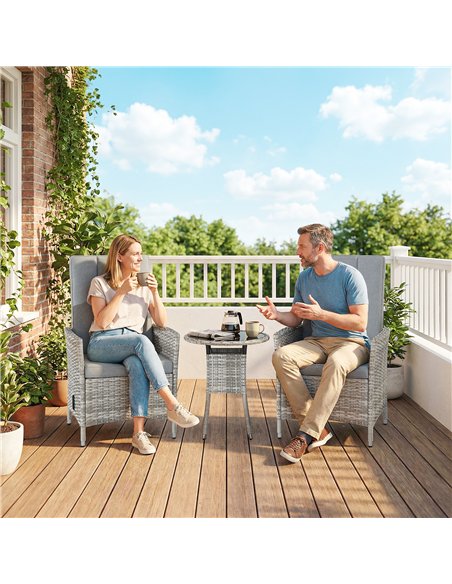 Outsunny Rattan Bistro Set, Reclining Garden Chairs and Glass Coffee Table with Cushions for Patio Balcony Porch, Light Grey - pic 198717 | FastDaddyshop