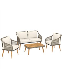 Outsunny 4 Piece Rattan Garden Furniture Set with Loveseat, Armchairs, Wood Table, Wicker Patio Conversation Set, Cream White