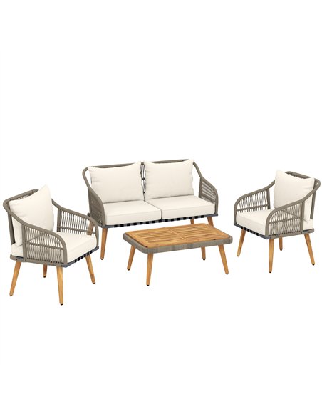 Outsunny 4 Piece Rattan Garden Furniture Set with Loveseat, Armchairs, Wood Table, Wicker Patio Conversation Set, Cream White - pic 198727 | FastDaddyshop