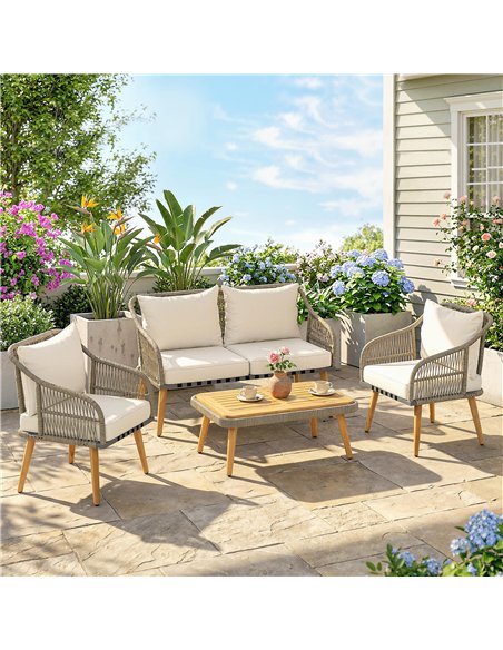 Outsunny 4 Piece Rattan Garden Furniture Set with Loveseat, Armchairs, Wood Table, Wicker Patio Conversation Set, Cream White - pic 198728 | FastDaddyshop