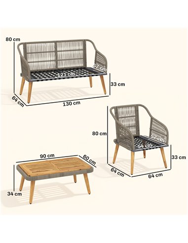Outsunny 4 Piece Rattan Garden Furniture Set with Loveseat, Armchairs, Wood Table, Wicker Patio Conversation Set, Cream White