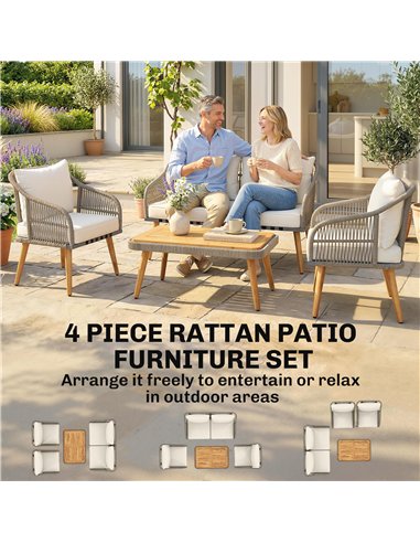 Outsunny 4 Piece Rattan Garden Furniture Set with Loveseat, Armchairs, Wood Table, Wicker Patio Conversation Set, Cream White