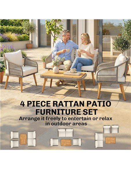 Outsunny 4 Piece Rattan Garden Furniture Set with Loveseat, Armchairs, Wood Table, Wicker Patio Conversation Set, Cream White - pic 198730 | FastDaddyshop