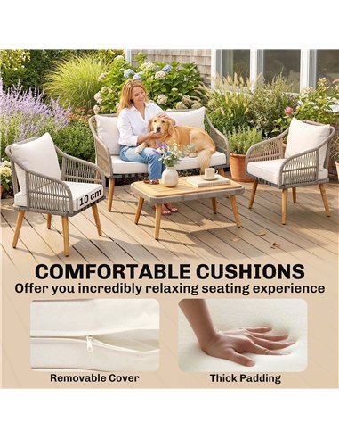Outsunny 4 Piece Rattan Garden Furniture Set with Loveseat, Armchairs, Wood Table, Wicker Patio Conversation Set, Cream White
