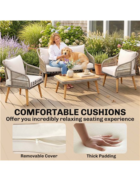 Outsunny 4 Piece Rattan Garden Furniture Set with Loveseat, Armchairs, Wood Table, Wicker Patio Conversation Set, Cream White - pic 198733 | FastDaddyshop