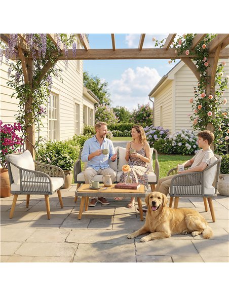 Outsunny 4 Piece Rattan Garden Furniture Set with Loveseat, Armchairs, Wood Table, Wicker Patio Conversation Set, Cream White - pic 198735 | FastDaddyshop