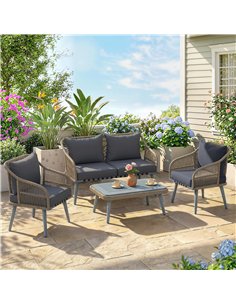 Outsunny 4 Piece Rattan Garden Furniture Set with Loveseat, Wicker Patio Conversation Set, Grey 2