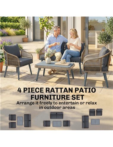 Outsunny 4 Piece Rattan Garden Furniture Set with Loveseat, Wicker Patio Conversation Set, Grey