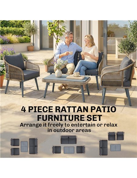 Outsunny 4 Piece Rattan Garden Furniture Set with Loveseat, Wicker Patio Conversation Set, Grey - pic 198739 | FastDaddyshop