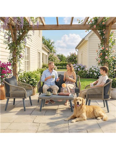 Outsunny 4 Piece Rattan Garden Furniture Set with Loveseat, Wicker Patio Conversation Set, Grey